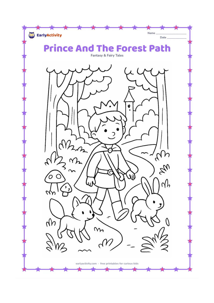 Colouring page: A prince walks along a winding forest path with a small satchel, followed by a fox and a rabbit. Include tall trees, mushrooms, ferns, and a distant castle tower.