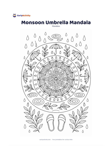 Colouring page: Build a circular mandala around a patterned umbrella viewed from above, with raindrop arcs, puddle ripples, umbrellas and leafy plants repeating outward. Include two pairs of simple…