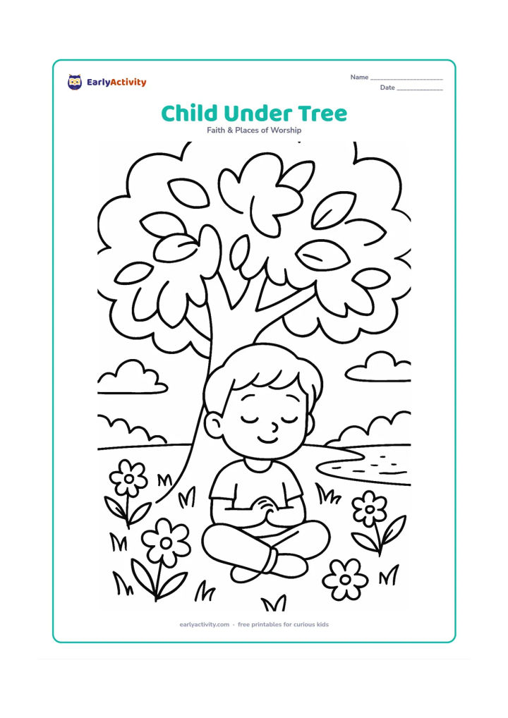 Colouring page: A child sits beneath a broad leafy tree with folded hands, surrounded by flowers, grass, and a small pond in the distance.
