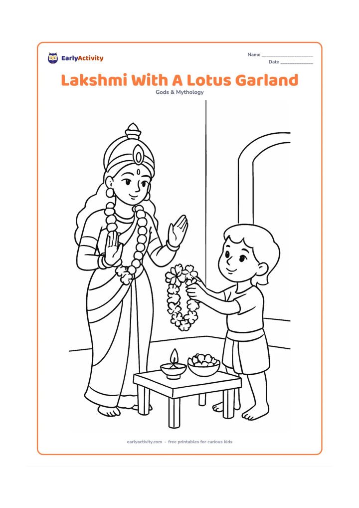 Colouring page: Draw Goddess Lakshmi standing while a child offers her a garland of lotus flowers. Place them beside a low table holding a diya and a flower bowl in an Indian home.