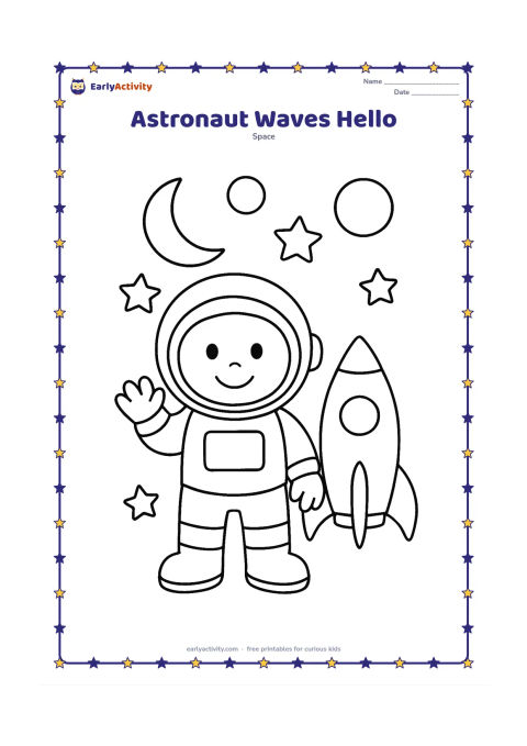 Colouring page: Draw a smiling child astronaut standing and waving beside a small rocket. Include large stars, a crescent Moon and two simple round planets in the background.