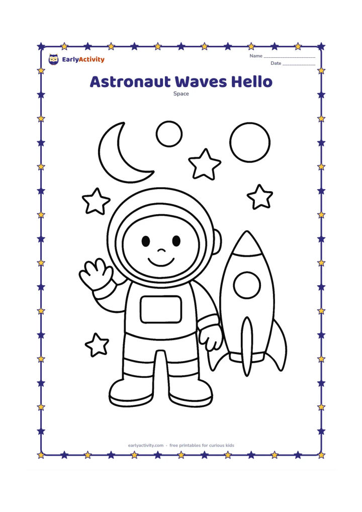 Colouring page: Draw a smiling child astronaut standing and waving beside a small rocket. Include large stars, a crescent Moon and two simple round planets in the background.