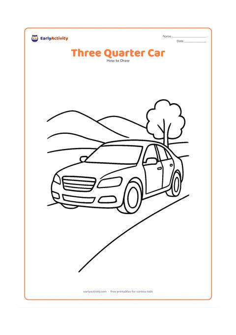 Worksheet: Show a detailed car from a three-quarter front view on a gently curving road, with visible hood, roof, windscreen, side windows, mirrors, grille, headlights and two wheels. Add distant…