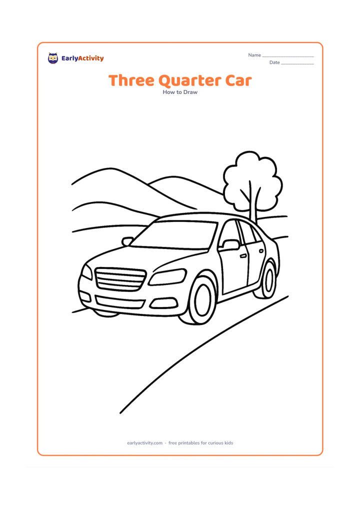 Worksheet: Show a detailed car from a three-quarter front view on a gently curving road, with visible hood, roof, windscreen, side windows, mirrors, grille, headlights and two wheels. Add distant…