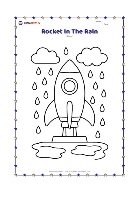 Colouring page: Show a small rocket on a launch stand during a rainy day, with large raindrops, two clouds and puddles beneath it. Include a broad nose cone, fins and a large round window.