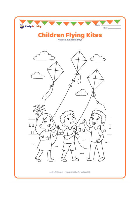 Colouring page: Three children fly different diamond-shaped kites in an open Indian neighbourhood setting, with low rooftops, palm trees, clouds, and a broad sky. Show the children looking upward and…