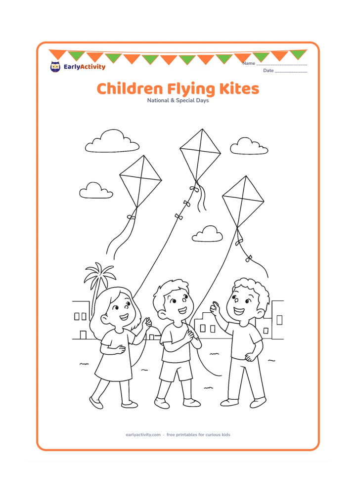 Colouring page: Three children fly different diamond-shaped kites in an open Indian neighbourhood setting, with low rooftops, palm trees, clouds, and a broad sky. Show the children looking upward and…
