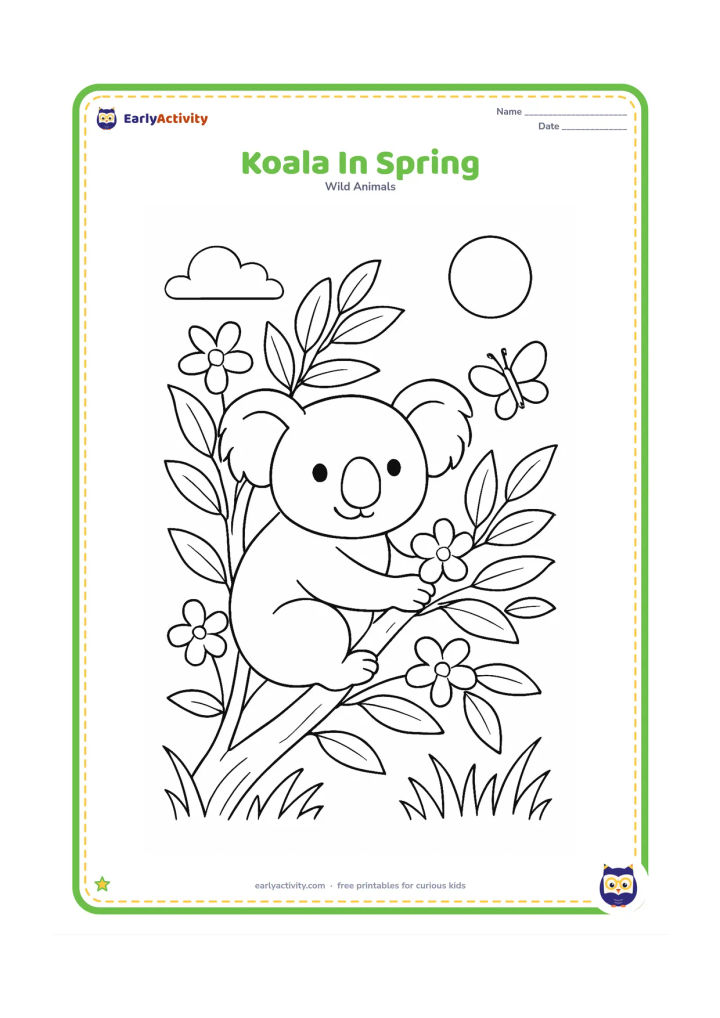 Colouring page: Draw a koala perched among fresh eucalyptus leaves with several simple blossoms around the branch. Include a butterfly, grass and a bright open sky.