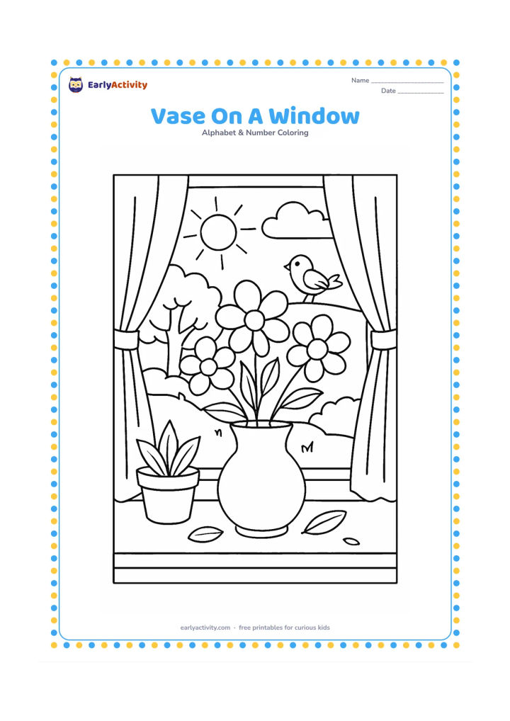 Colouring page: Draw a vase of flowers on a windowsill, with curtains, a potted plant, and a bird perched outside. Show a sunny garden with a tree through the window.