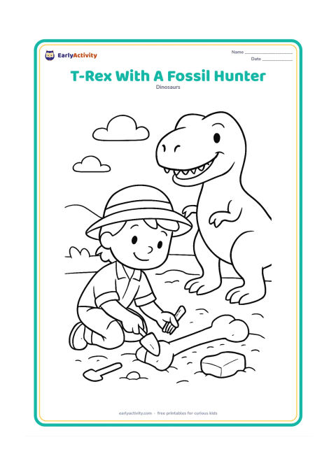 Colouring page: A smiling T-Rex stands safely behind a child-sized fossil hunter who kneels beside a partly uncovered dinosaur bone. Include a brush, a small digging tool, a fossil rock, and a low…