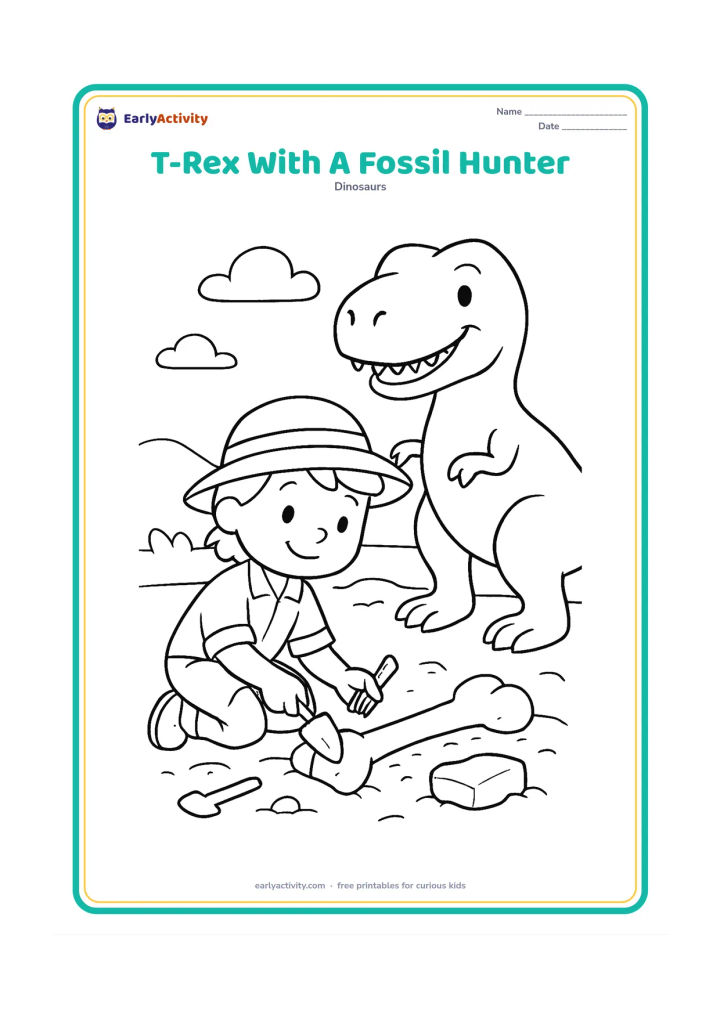 Colouring page: A smiling T-Rex stands safely behind a child-sized fossil hunter who kneels beside a partly uncovered dinosaur bone. Include a brush, a small digging tool, a fossil rock, and a low…