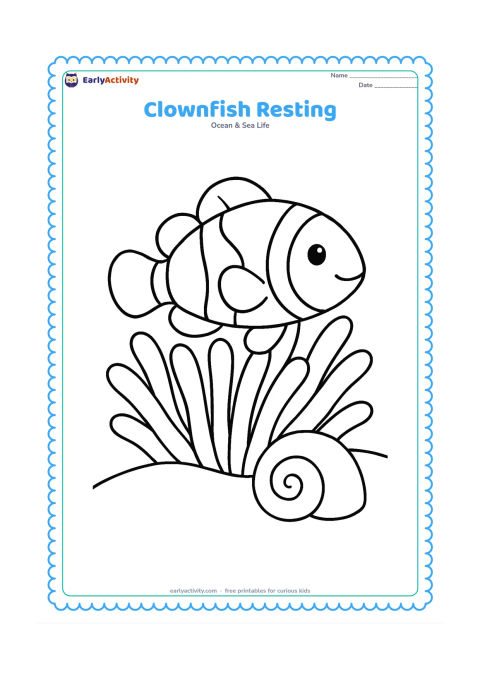 Colouring page: Show a clownfish resting gently on the broad leaves of a sea anemone, with its tail curled slightly to one side. Add a simple curved seabed and one large shell shape.