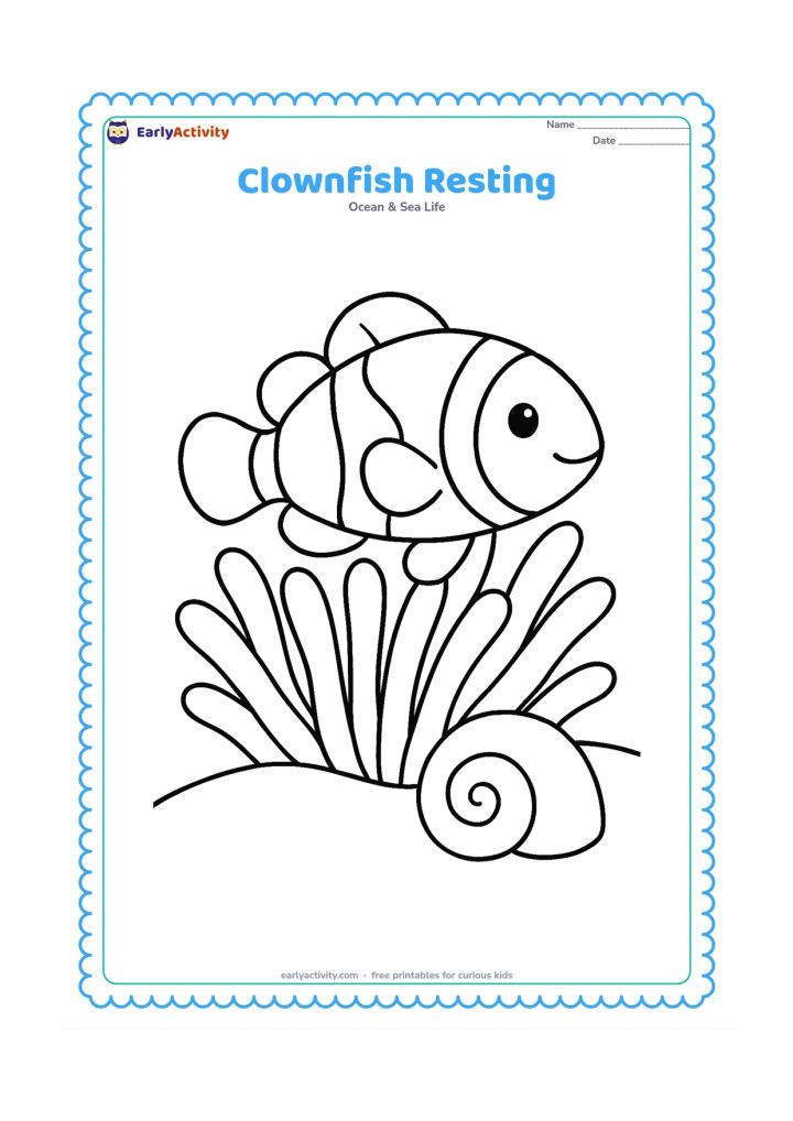 Colouring page: Show a clownfish resting gently on the broad leaves of a sea anemone, with its tail curled slightly to one side. Add a simple curved seabed and one large shell shape.