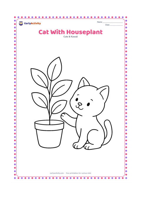 Colouring page: Draw a sitting kitten beside one large leafy houseplant in a simple pot, with the kitten reaching toward a low leaf. Leave plenty of blank space around both subjects.