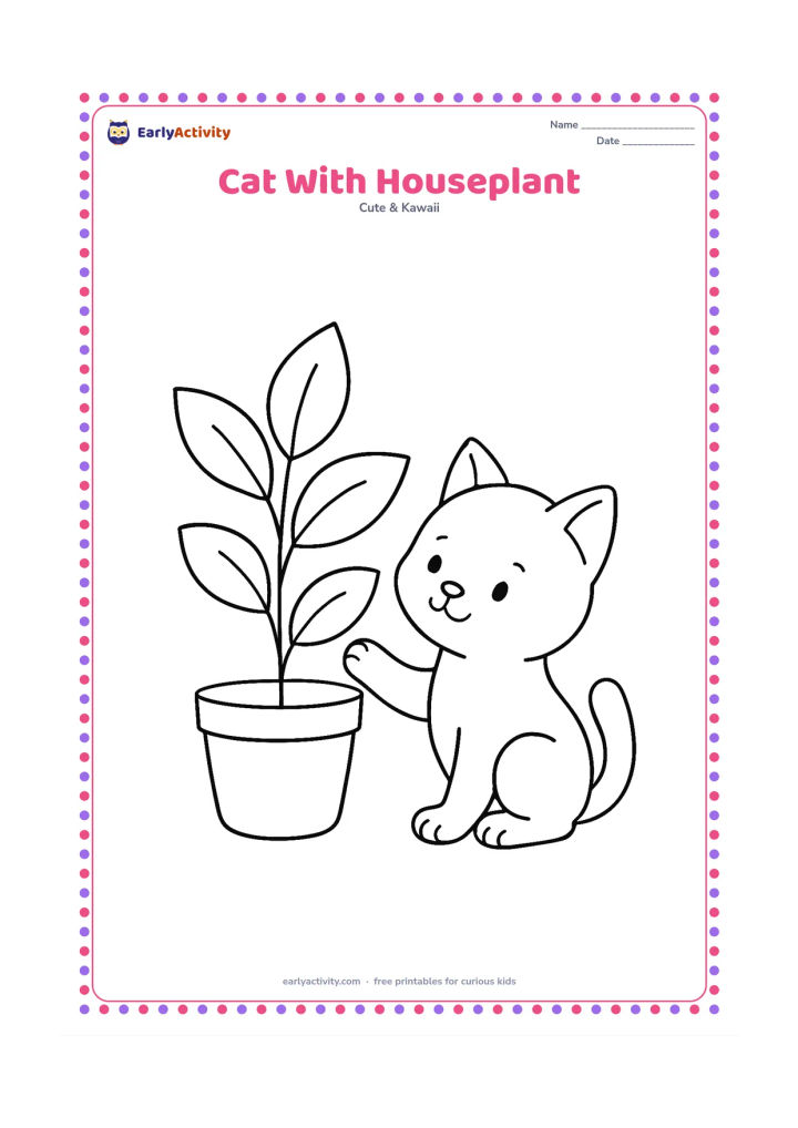 Colouring page: Draw a sitting kitten beside one large leafy houseplant in a simple pot, with the kitten reaching toward a low leaf. Leave plenty of blank space around both subjects.