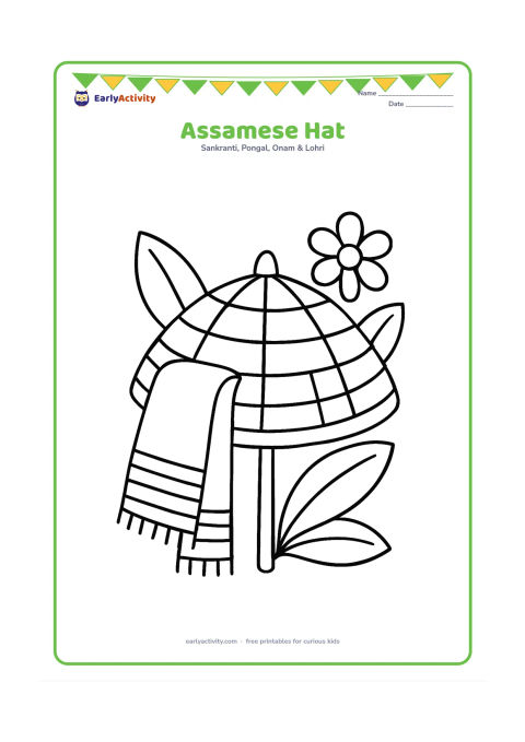 Colouring page: Draw a traditional Assamese jaapi hat beside a large gamosa, with two broad leaves and a simple flower behind them. Show the hat's woven pattern as a few large curved sections.