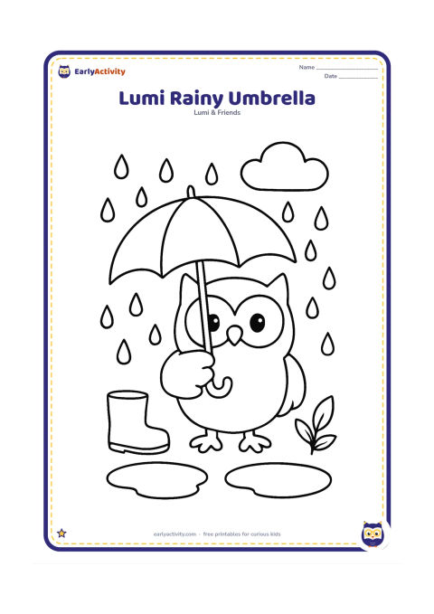 Colouring page: Lumi holds a large round umbrella while raindrops fall around the owl and two wide puddles sit below. Add one simple rain boot, a small leafy plant and a cloud in the background.