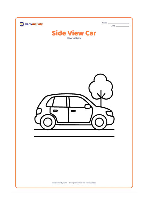 Worksheet: Show a medium-detail side-view hatchback with two equal wheels, two doors, windows, handles, mirrors, headlights and a bumper. Add a straight road and one distant tree.
