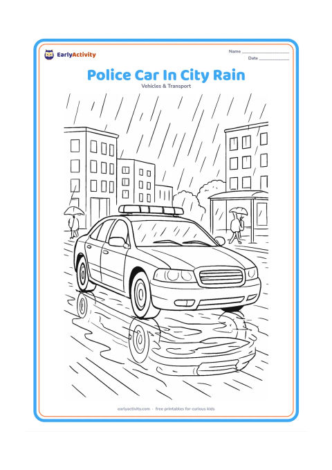 Colouring page: Draw a police car responding along a wet city street, shown from a dramatic three-quarter front angle with headlights, roof lights, windshield wipers, mirrors and wheel details. Add…
