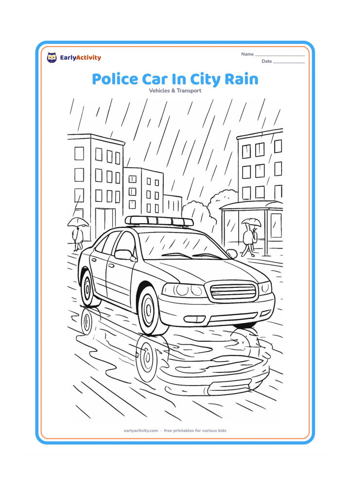 Colouring page: Draw a police car responding along a wet city street, shown from a dramatic three-quarter front angle with headlights, roof lights, windshield wipers, mirrors and wheel details. Add…