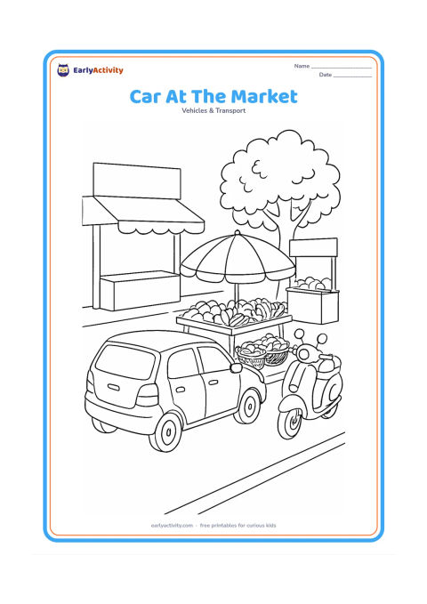 Colouring page: Draw a car parked beside an Indian street market, with a fruit cart, baskets, an umbrella, a scooter and a leafy tree. Show the car from a rear three-quarter view and keep all awnings…