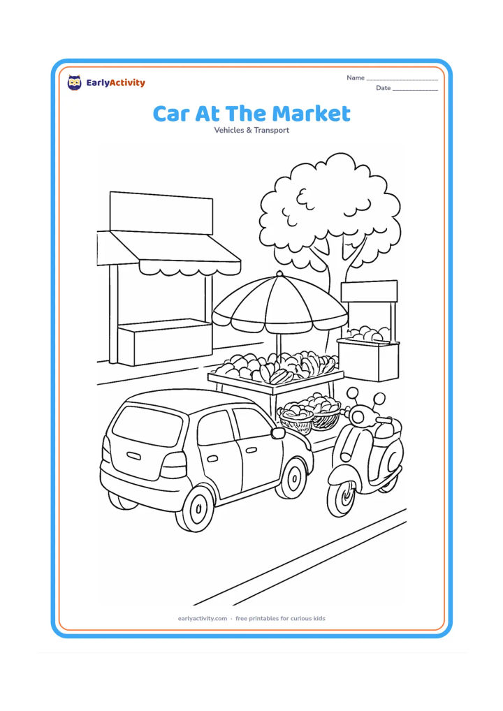 Colouring page: Draw a car parked beside an Indian street market, with a fruit cart, baskets, an umbrella, a scooter and a leafy tree. Show the car from a rear three-quarter view and keep all awnings…