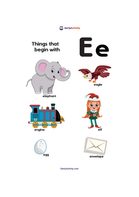 Worksheet showing the letter E and pictures labelled elephant, eagle, engine, elf, egg and envelope.