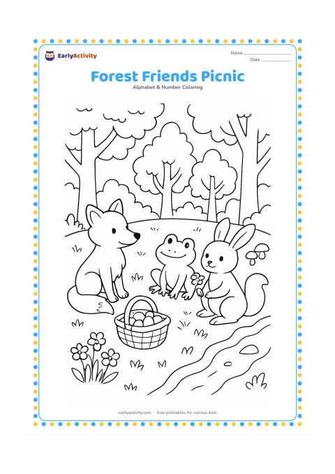 Colouring page: Draw a fox, frog, rabbit and squirrel enjoying a peaceful picnic in a forest clearing, with a basket of fruit, a flower patch, trees, mushrooms and a small stream. Give each animal a…
