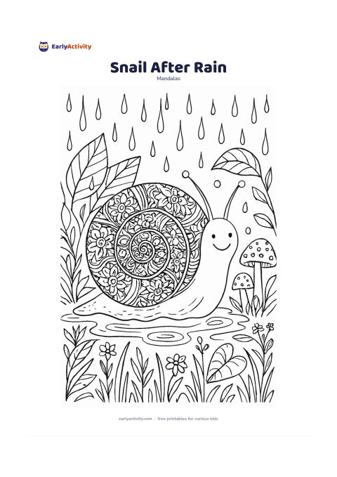 Colouring page: Place a smiling garden snail in the centre with a large spiral shell filled with repeating rosettes and curved bands. Surround it with wet leaves, mushrooms, puddle ripples, grass, tiny…