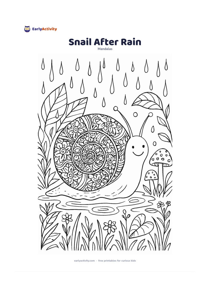 Colouring page: Place a smiling garden snail in the centre with a large spiral shell filled with repeating rosettes and curved bands. Surround it with wet leaves, mushrooms, puddle ripples, grass, tiny…