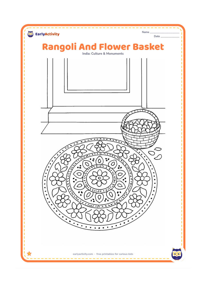 Colouring page: Draw a detailed circular rangoli with alternating flowers, paisley shapes, dot chains and geometric bands, with a woven basket overflowing with petals beside it. Place the scene on a…