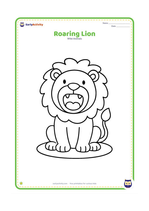 Colouring page: A non-scary lion opens its mouth in a gentle roar while sitting, showing a rounded tongue and a few simple teeth. Surround it with a plain oval patch of ground.