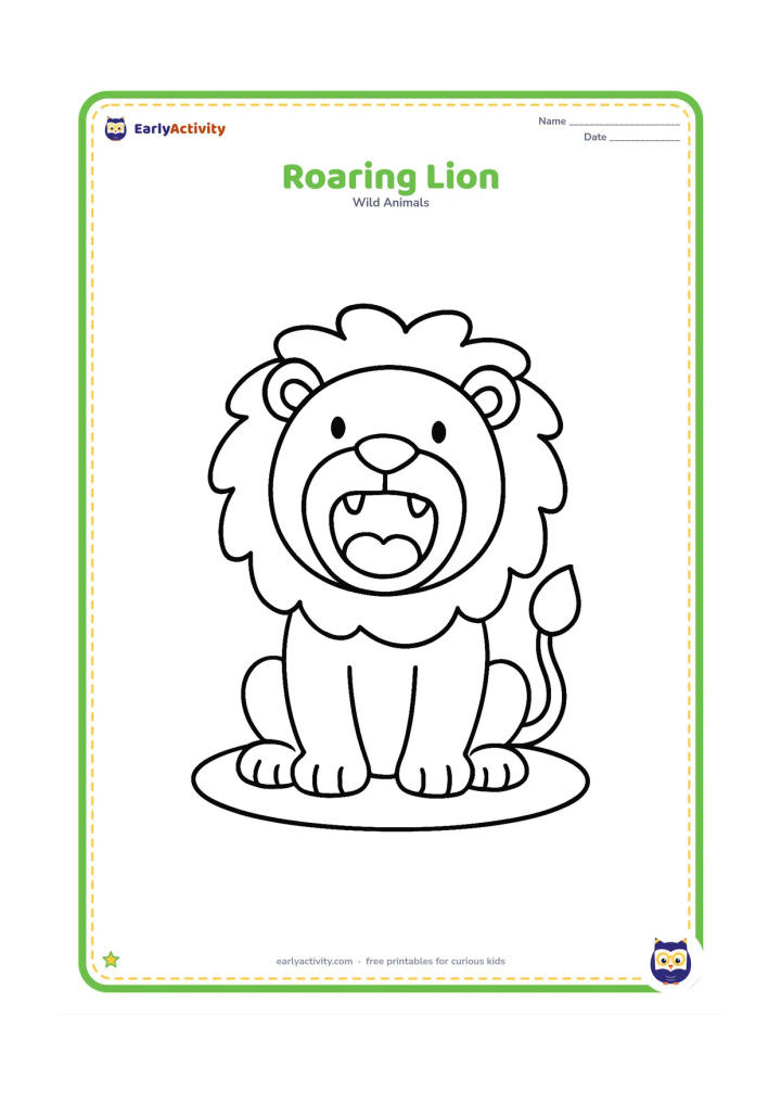 Colouring page: A non-scary lion opens its mouth in a gentle roar while sitting, showing a rounded tongue and a few simple teeth. Surround it with a plain oval patch of ground.