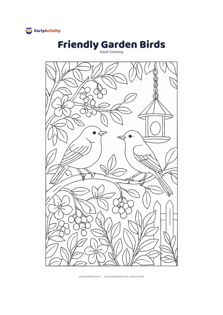 Colouring page: Show two different small birds perched on a broad garden branch near flowers and berries. Add a hanging bird feeder, leafy plants, and a simple fence behind them.