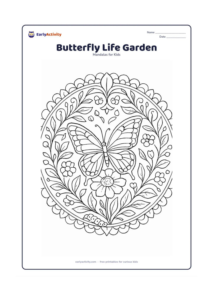 Colouring page: A butterfly rests on a flower in the centre of a detailed circular garden mandala. Surround it with repeated wing patterns, curling stems, caterpillar-friendly leaves, flower centres,…