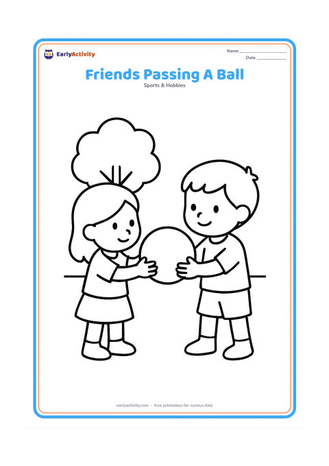 Colouring page: Two friendly children facing each other and gently passing one large cricket ball. Put a simple tree and a low boundary line behind them.