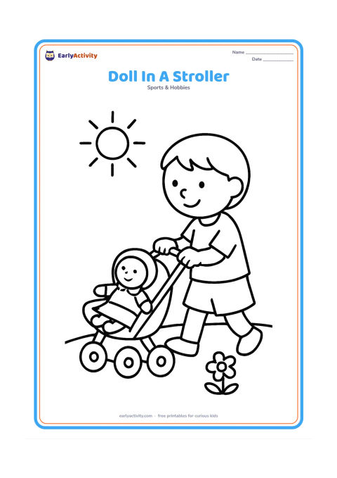 Colouring page: A child gently pushing a doll in a toy stroller along a path, with a small flower and a sun overhead. The doll should be clearly a toy with simple clothes.