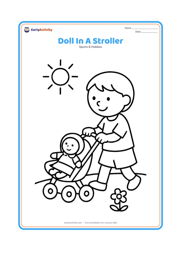 Colouring page: A child gently pushing a doll in a toy stroller along a path, with a small flower and a sun overhead. The doll should be clearly a toy with simple clothes.