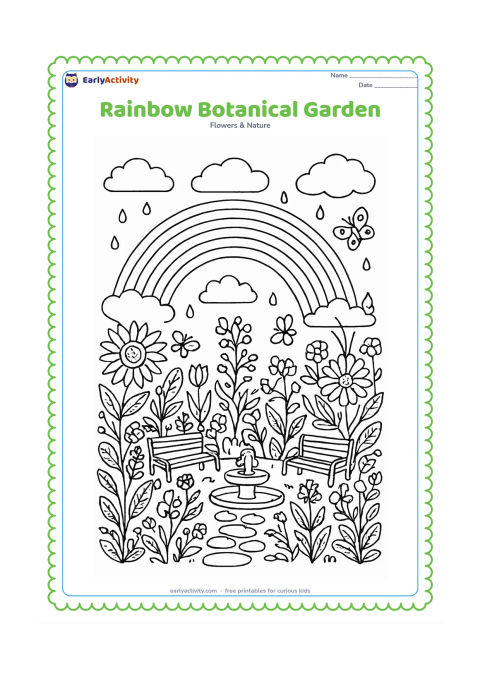 Colouring page: Draw a rainbow over a botanical garden filled with varied flowers, curling stems, patterned leaves, a stone path, a small fountain and benches. Add butterflies, clouds and a few falling…