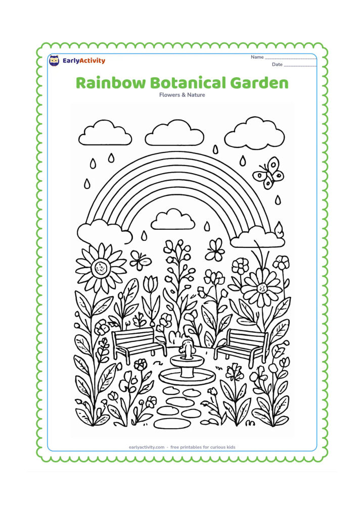 Colouring page: Draw a rainbow over a botanical garden filled with varied flowers, curling stems, patterned leaves, a stone path, a small fountain and benches. Add butterflies, clouds and a few falling…