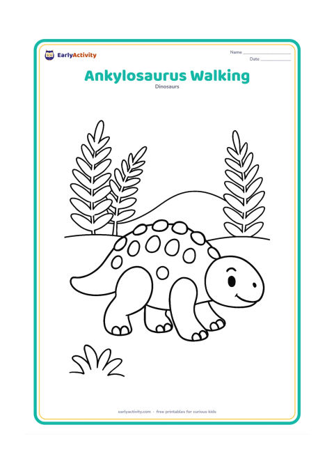 Colouring page: A side-view Ankylosaurus takes a gentle step, with one front foot lifted and its club tail extending behind it. Place three large ferns and a low rounded hill in the background.
