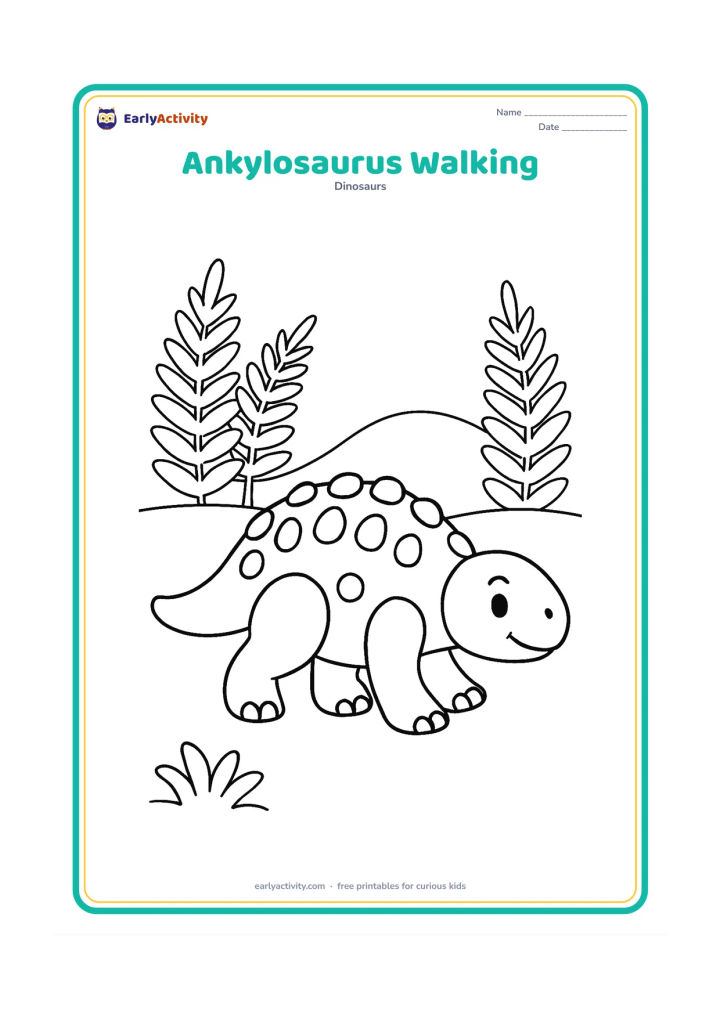 Colouring page: A side-view Ankylosaurus takes a gentle step, with one front foot lifted and its club tail extending behind it. Place three large ferns and a low rounded hill in the background.