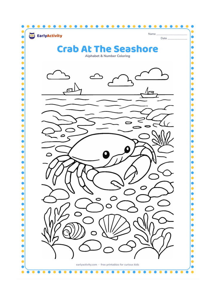 Colouring page: A crab walks sideways across a detailed seashore with tide pools, shells, seaweed, smooth stones, and distant fishing boats. Keep the boats plain with no flags, letters or numbers.