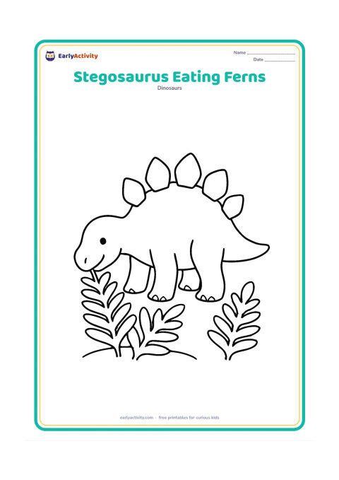 Colouring page: Draw a friendly stegosaurus lowering its head to nibble three large fern leaves. Show its full body, broad tail, simple plates, and a small patch of ground.