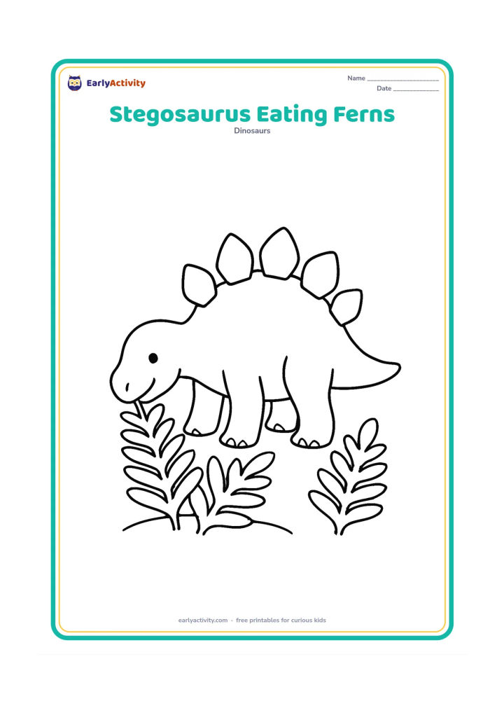 Colouring page: Draw a friendly stegosaurus lowering its head to nibble three large fern leaves. Show its full body, broad tail, simple plates, and a small patch of ground.
