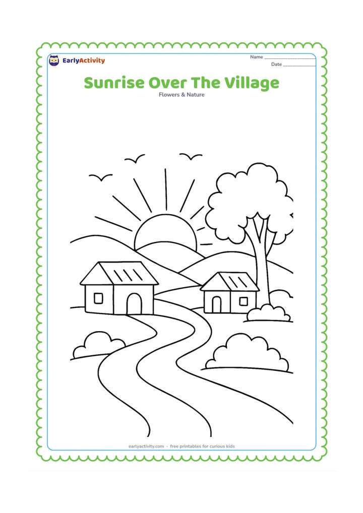 Colouring page: Draw the sun rising behind gentle hills in an Indian village, with two small houses, a winding path, a tree and a few birds in the sky. Arrange the scene in clear foreground, middle…