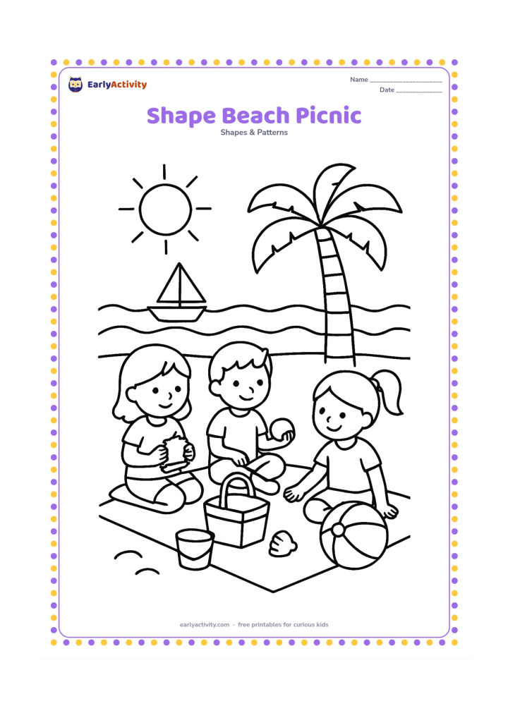 Colouring page: Draw three children having a beach picnic beside a rectangular mat, with a circular sun, triangular sailboat, square bucket, round beach ball and shell shapes. Add curved waves and a…