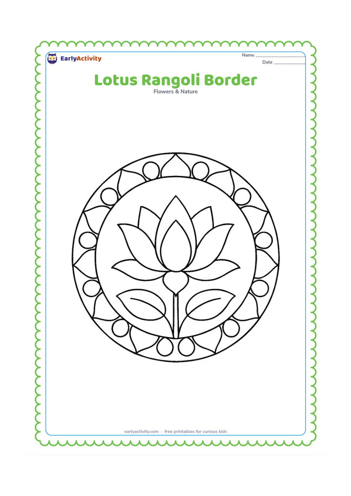 Colouring page: Draw a central lotus surrounded by a broad, simple circular rangoli-style border made from petals and curved shapes, with two lotus leaves at the bottom. Do not include any letters,…