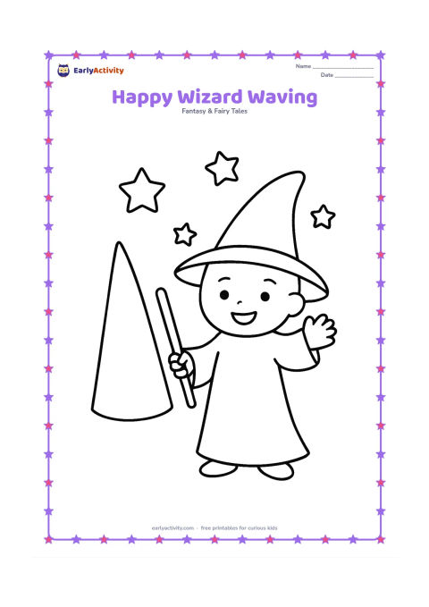 Colouring page: A cheerful young wizard stands waving beside a tall pointed hat and a small wand. Use very large robe and hat shapes with a few floating stars and a clear open background.