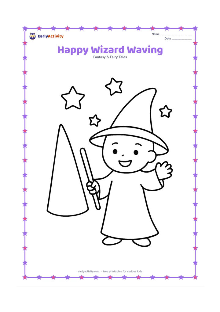 Colouring page: A cheerful young wizard stands waving beside a tall pointed hat and a small wand. Use very large robe and hat shapes with a few floating stars and a clear open background.